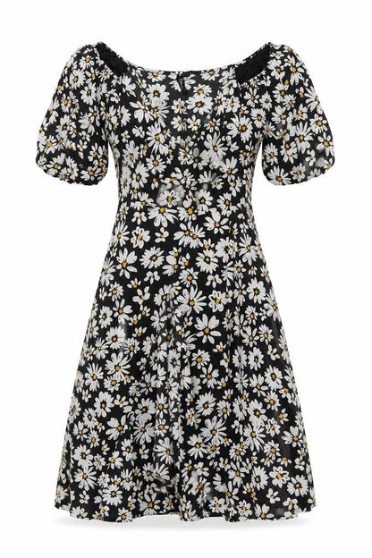 Influence Women Black Floral Puff Sleeve Fit & Flare Midi Dress UK 10