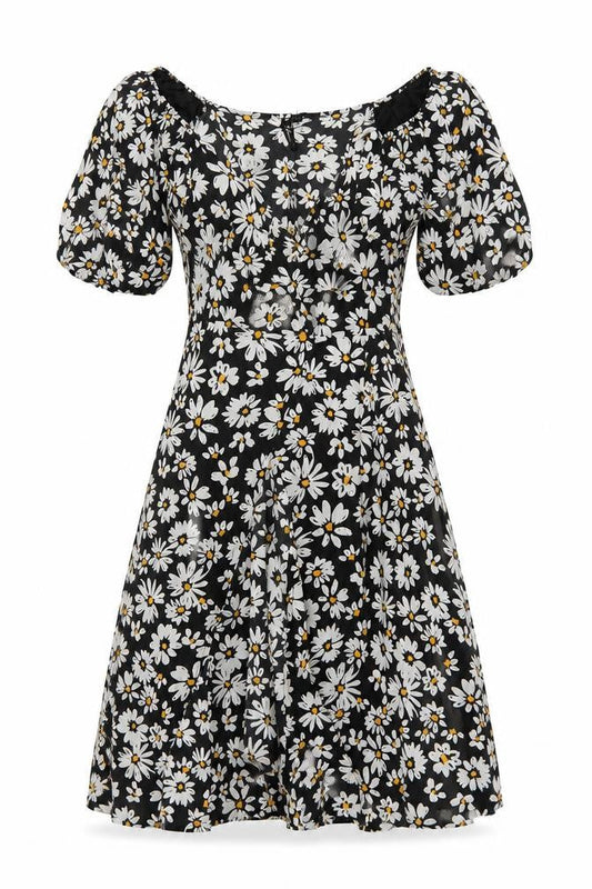 Influence Women Black Floral Puff Sleeve Fit & Flare Midi Dress UK 10