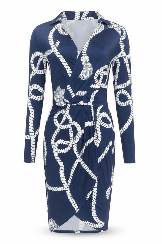 River Island Women Blue Rope Print Wrap Dress UK 6 Knee Length