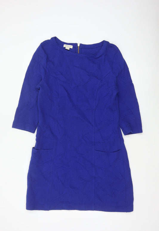Monsoon Women Blue UK 14 Sheath Knee Dress Cotton 3/4 Sleeve Pockets