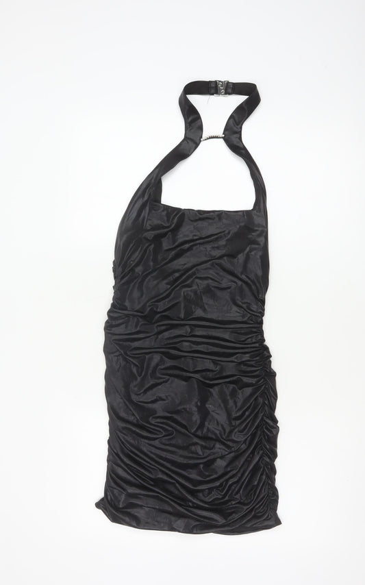 Oh Polly Women Black UK 10 Bodycon Halter Ruched Party Dress