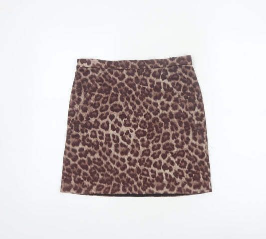 River Island Women Brown Leopard Print Size 10 Mini Pencil Skirt Zip