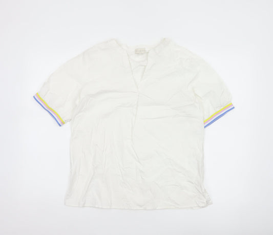 Milano Italy Women White UK 10 V-Neck Cotton Puff Sleeve Blouse