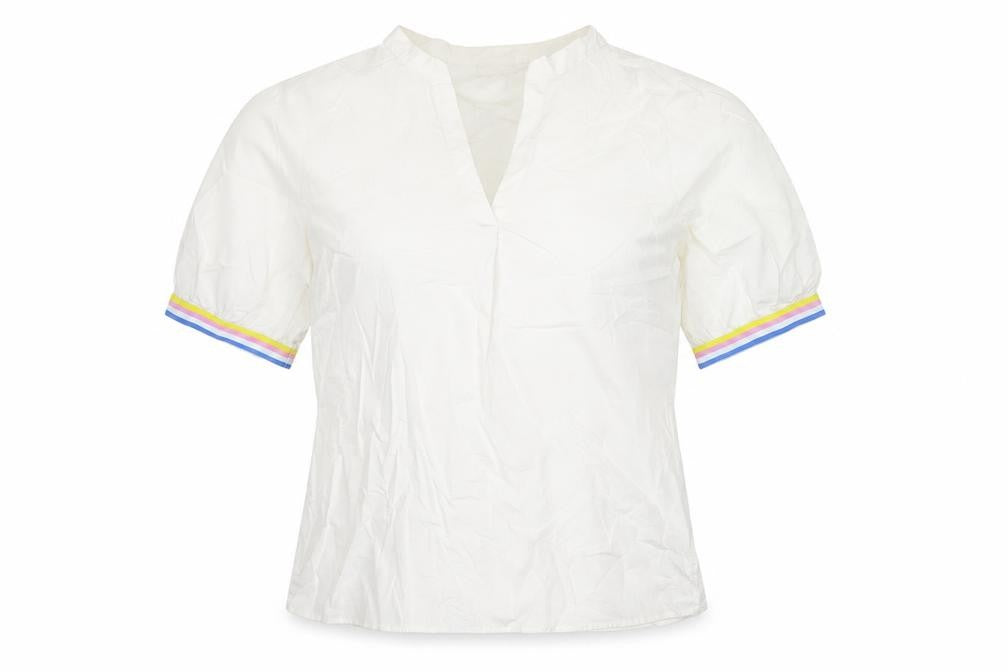 Milano Italy Women White UK 10 V-Neck Cotton Puff Sleeve Blouse
