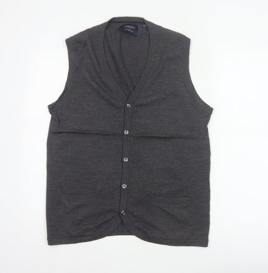 Charles Tyrwhitt Men Grey M Merino Wool Buttoned V-Neck Vest