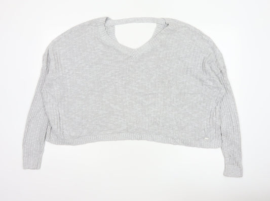 Hollister Women Grey L V-Neck Open Knit Long Sleeve Jumper