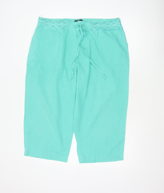 BM Women Green Size 18 Cotton Capri Trousers Elastic Waist Pockets