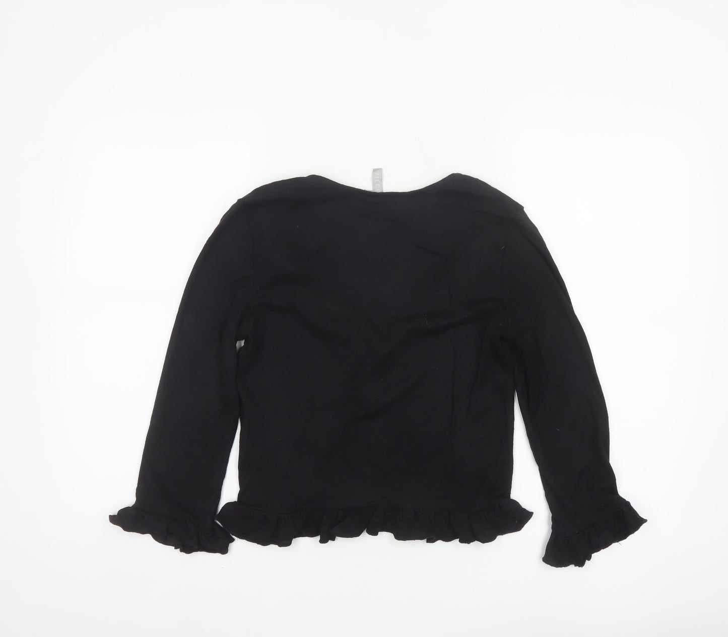 Pieces Women Black XS Ruffle Button Front 3/4 Sleeve Cardigan