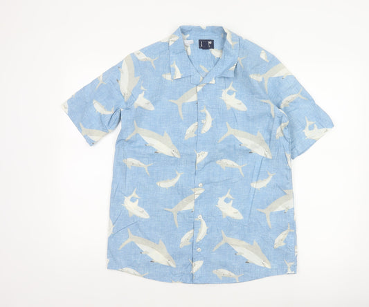 Lands' End Women's Blue Shark Print Button-Up Shirt UK 20 Short Sleeve