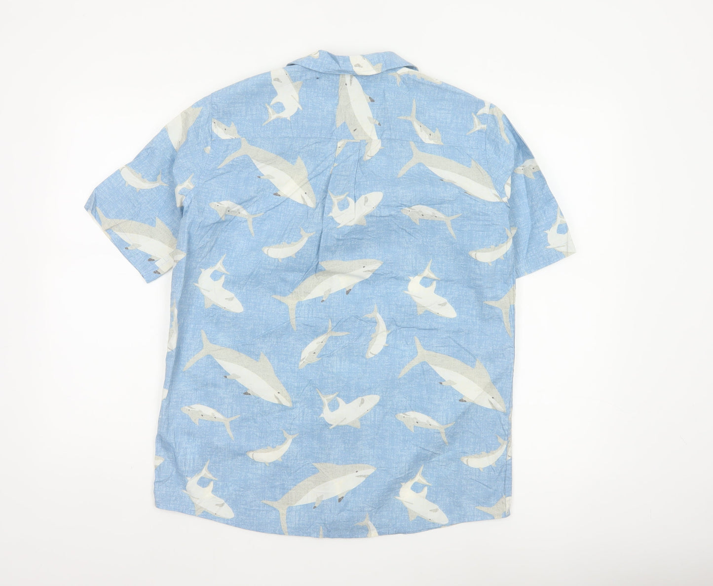 Lands' End Women's Blue Shark Print Button-Up Shirt UK 20 Short Sleeve