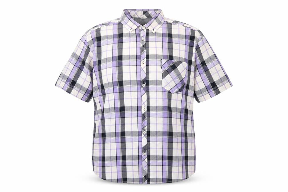 Front view of Lambretta Men’s XL Purple Plaid Short Sleeve Button-Up Shirt