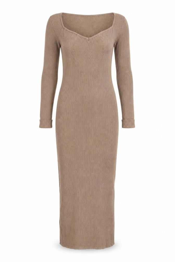 Misspap Women Brown S Ribbed Knit Maxi Jumper Dress Long Sleeve