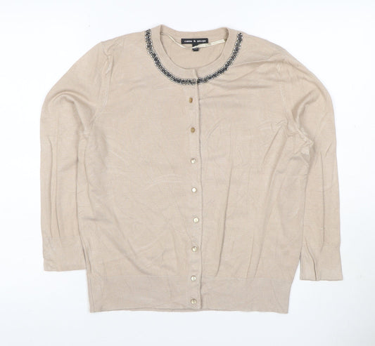 Cable & Gauge Women Beige M Beaded Jewel Neck Knit Cardigan