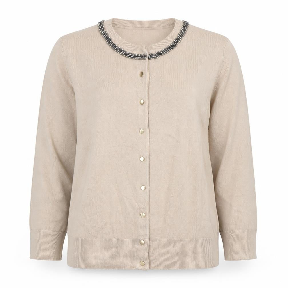 Cable & Gauge Women Beige M Beaded Jewel Neck Knit Cardigan