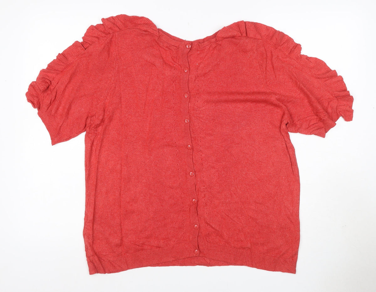 Marks & Spencer Women Red UK 14 Ruffle Short Sleeve Button Cardigan