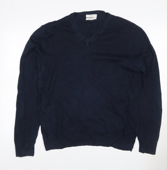 Marks and Spencer Men Blue XL Cotton V-Neck Pullover Jumper