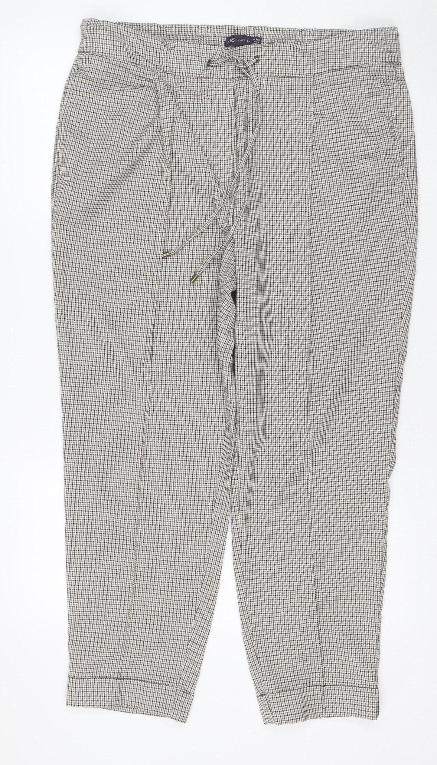 M&S Women’s Beige Check Jogger Trousers Size 18 Regular Tapered
