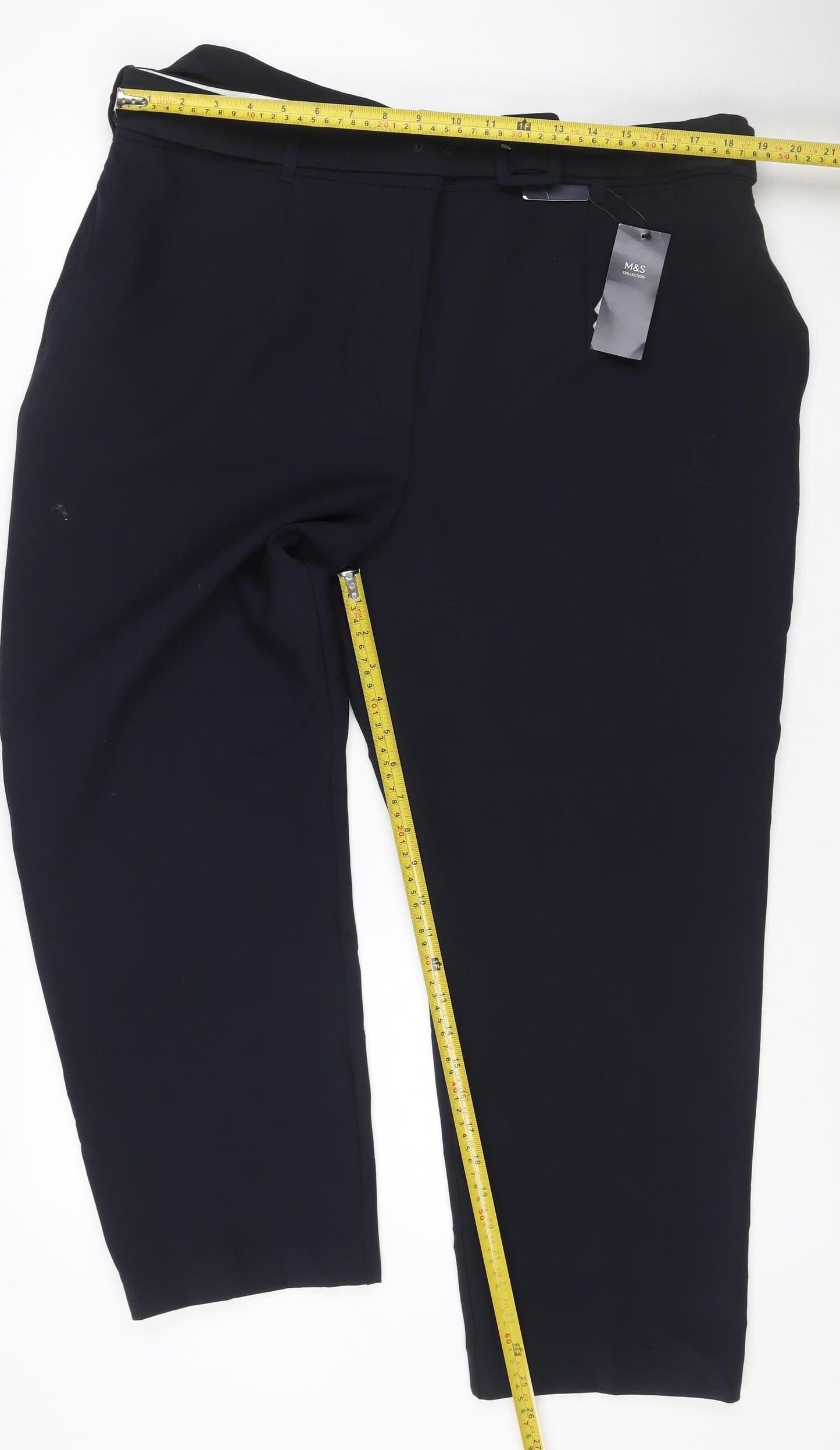Marks & Spencer Women Black Size 20 Wide Leg Belted Smart Dress Trousers