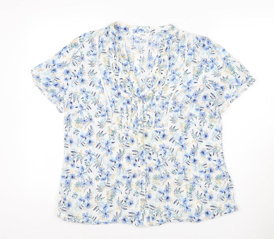Marks and Spencer Women Blue Floral Size 16 Short Sleeve V-Neck Blouse