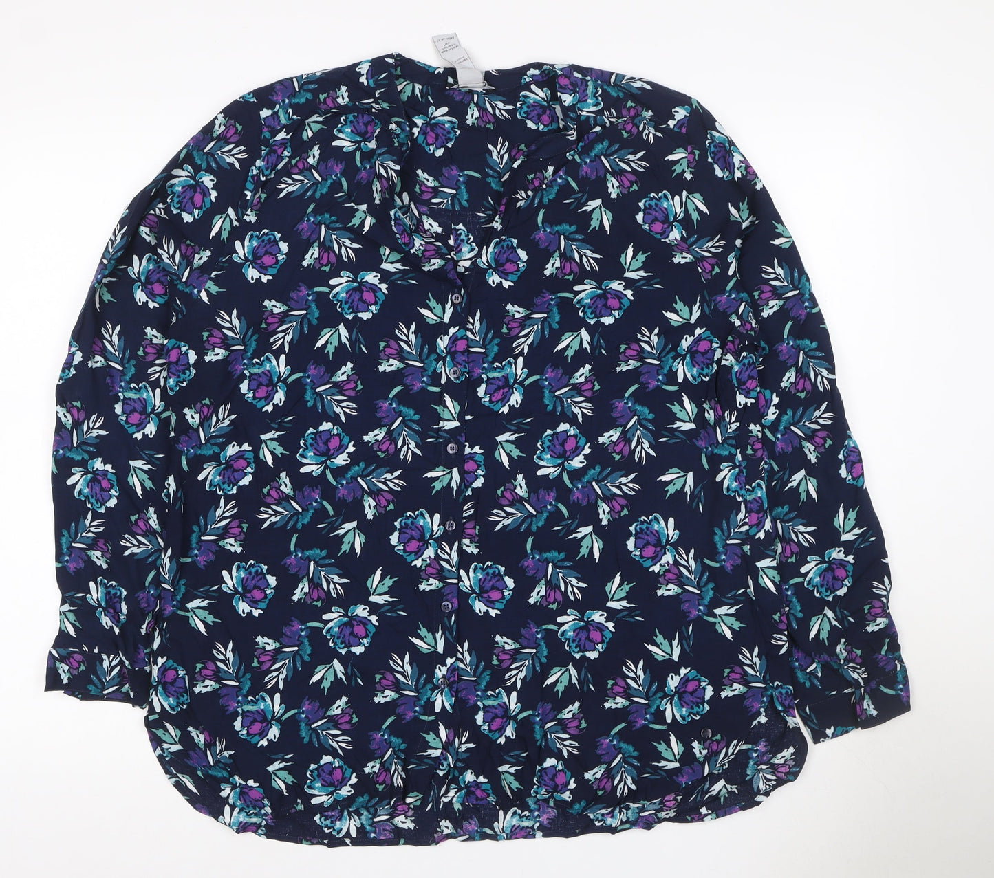 Oisen Women Blue Floral V-Neck Long Sleeve Button-Up Blouse UK 14