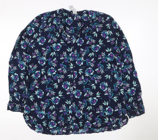 Oisen Women Blue Floral V-Neck Long Sleeve Button-Up Blouse UK 14