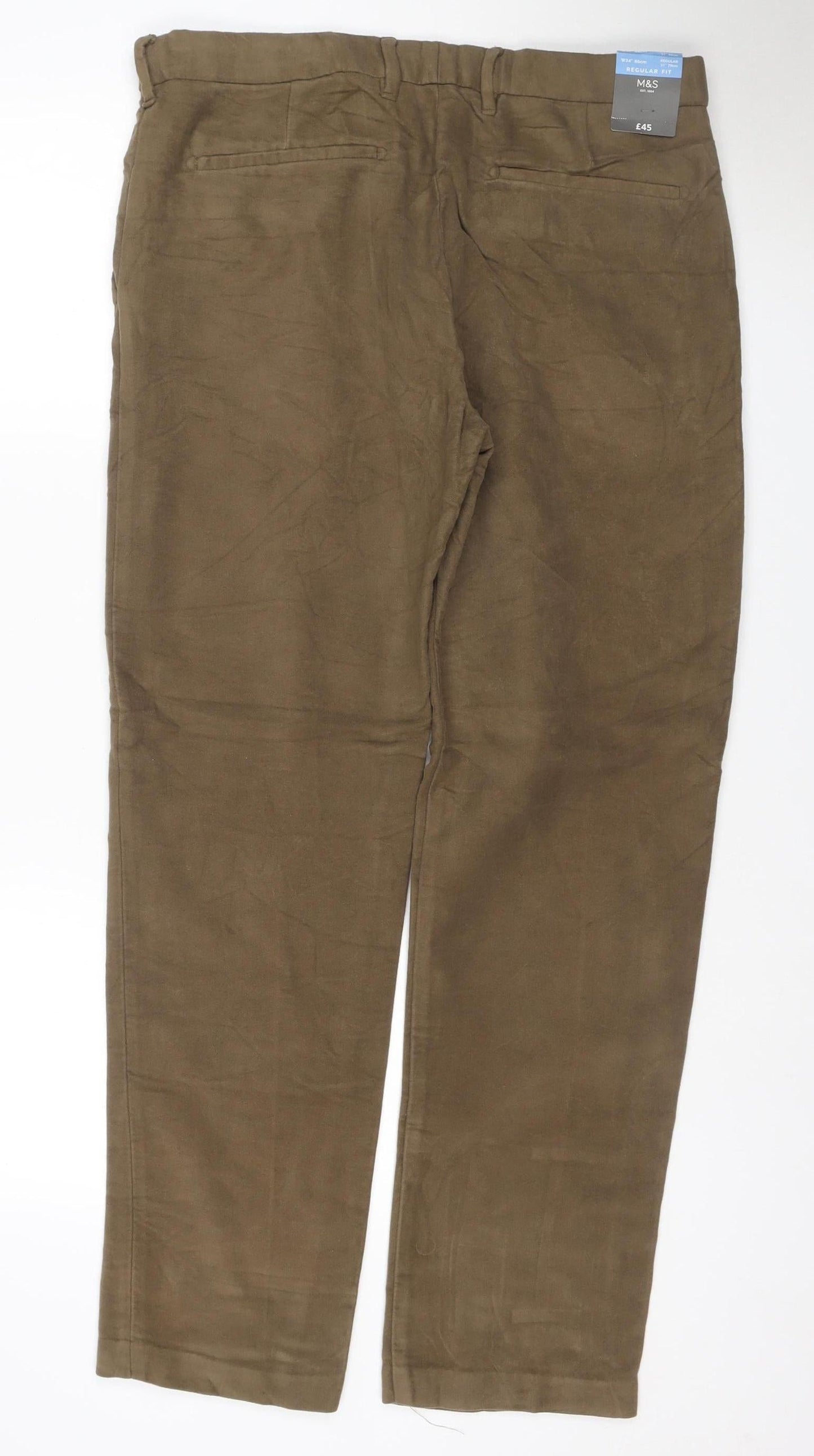 Marks & Spencer Men’s Brown 34in Regular Fit Cotton Chino Trousers 34/31 New