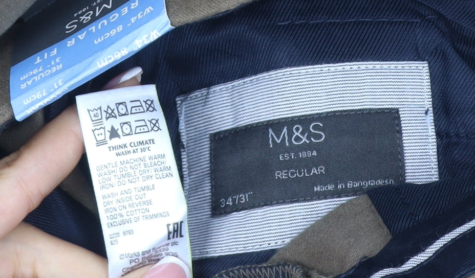 Marks & Spencer Men’s Brown 34in Regular Fit Cotton Chino Trousers 34/31 New