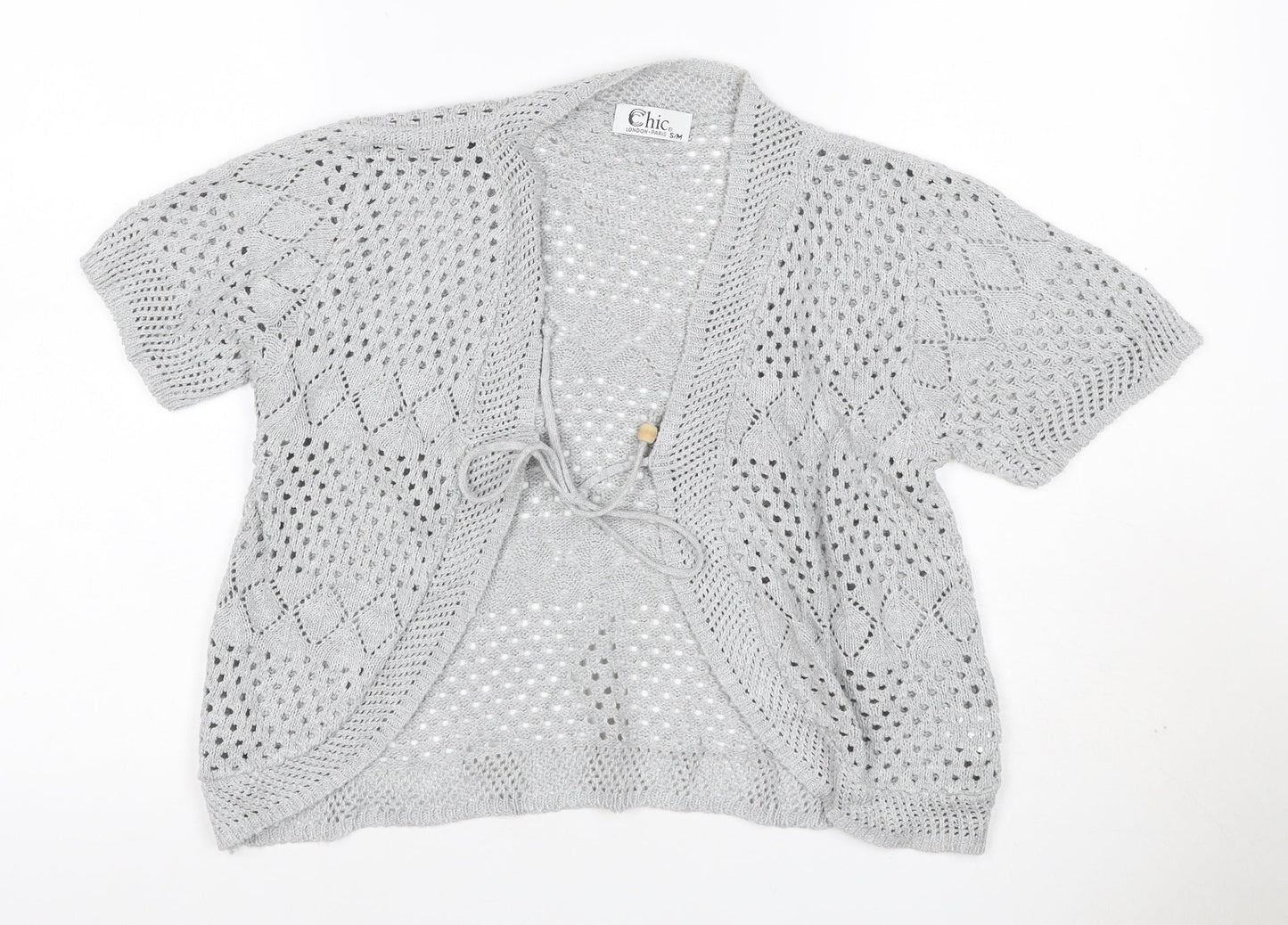Chic Women Grey S Open Knit Short Sleeve Boho Tie Cardigan