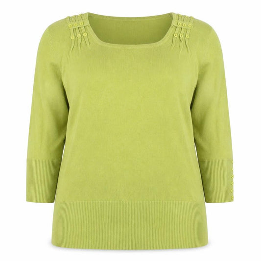 Front view of Roman Women Green UK 18 3/4 Sleeve Scoop Neck Button Knit Jumper