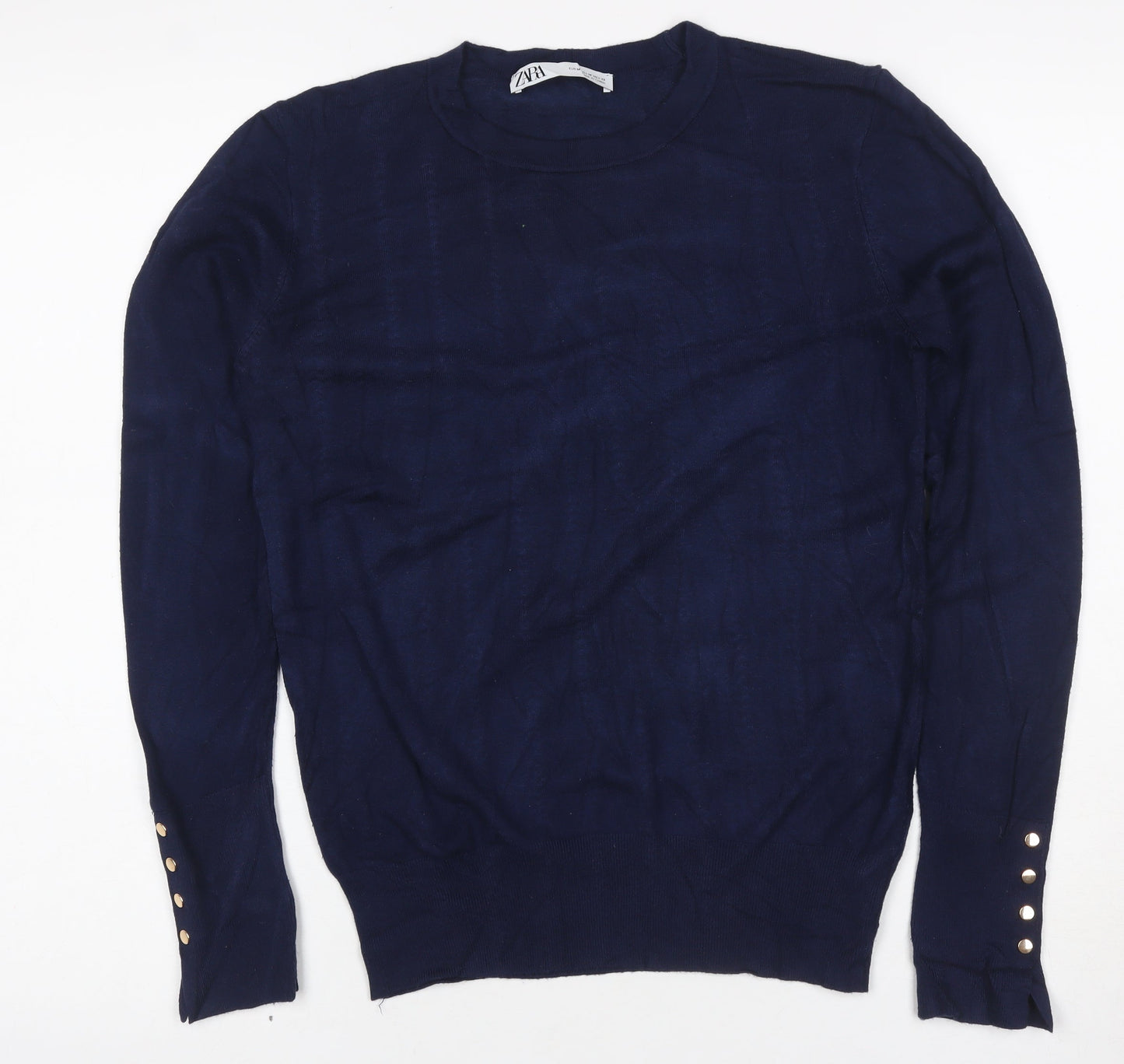 Zara Women Blue UK 12 Pullover Crew Neck Viscose Knit Jumper Button Cuffs