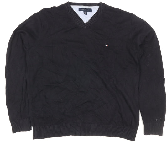 Tommy Hilfiger Men's Black L V-Neck Cotton Logo Pullover Jumper