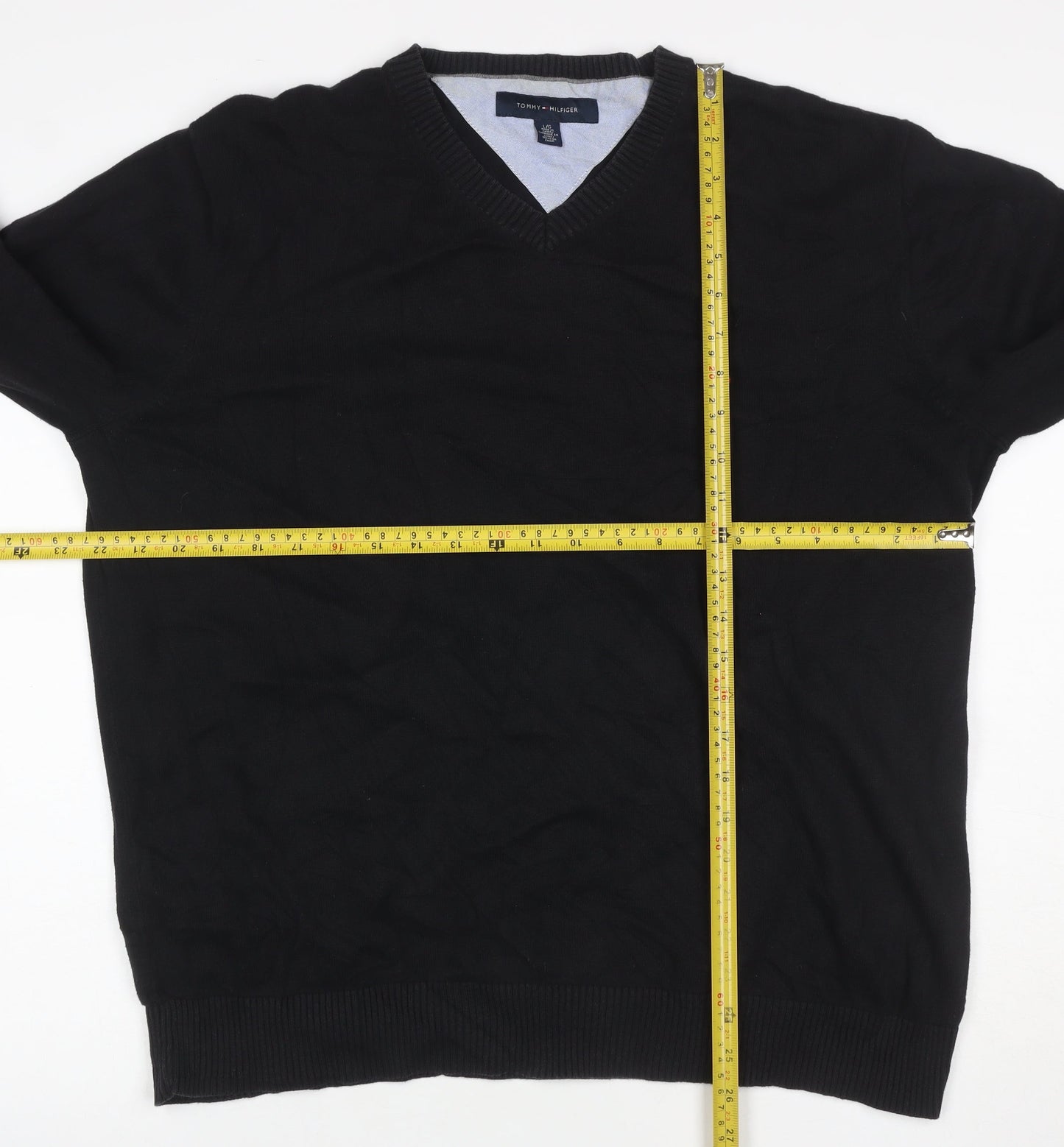 Tommy Hilfiger Men's Black L V-Neck Cotton Logo Pullover Jumper