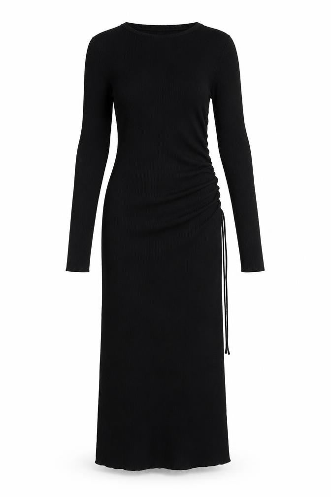 MII Women’s Black S Maxi Bodycon Ribbed Knit Long Sleeve Dress