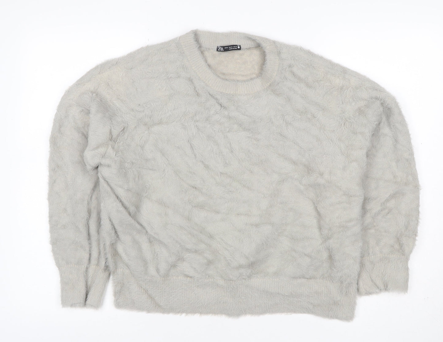Zara Women’s Grey Fuzzy Cable Knit Crew Neck Jumper Size M