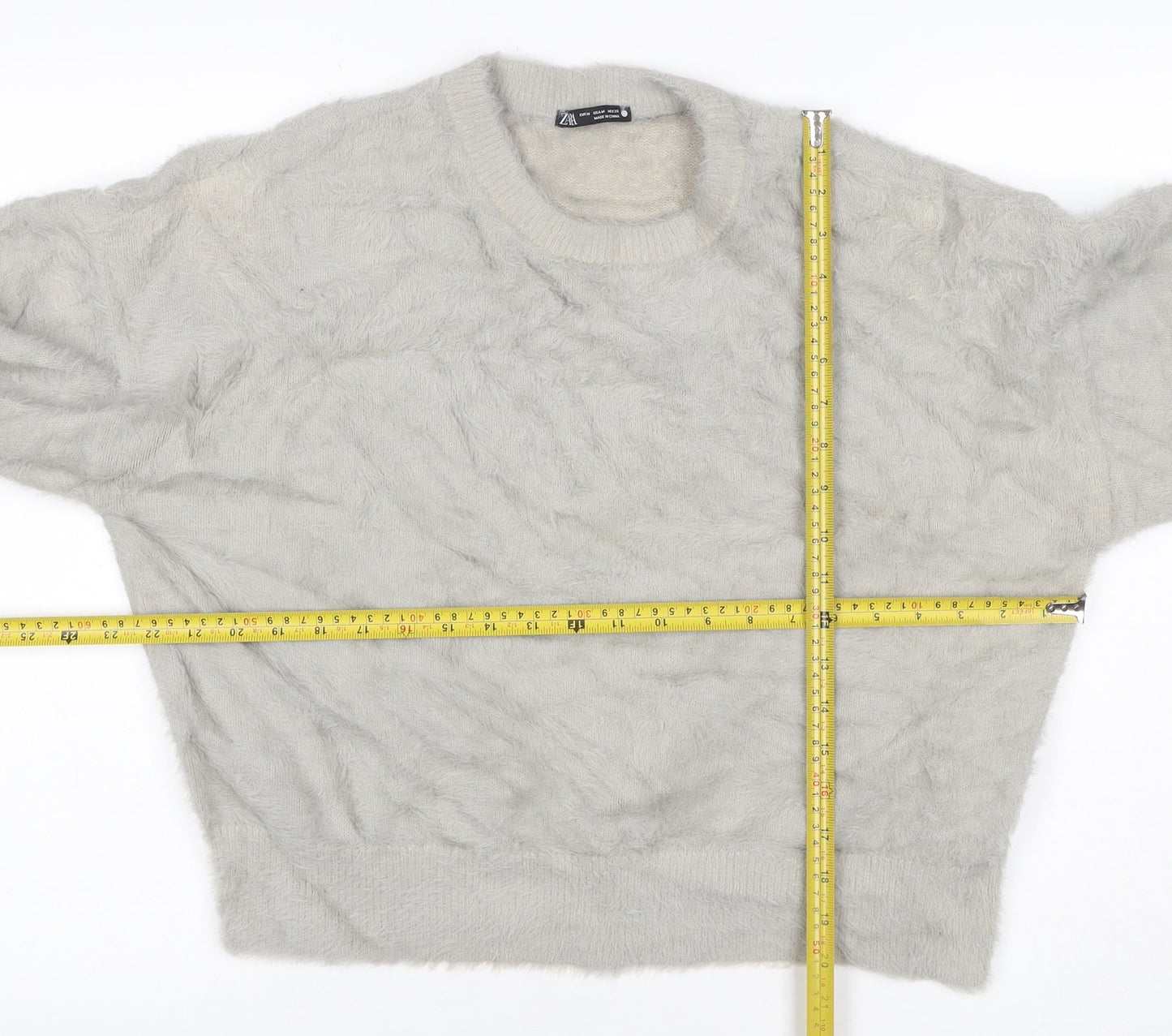 Zara Women’s Grey Fuzzy Cable Knit Crew Neck Jumper Size M