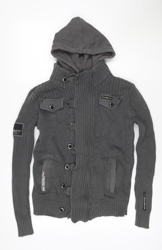 Crosshatch Men’s Grey Small Hooded Knit Military Button Jacket