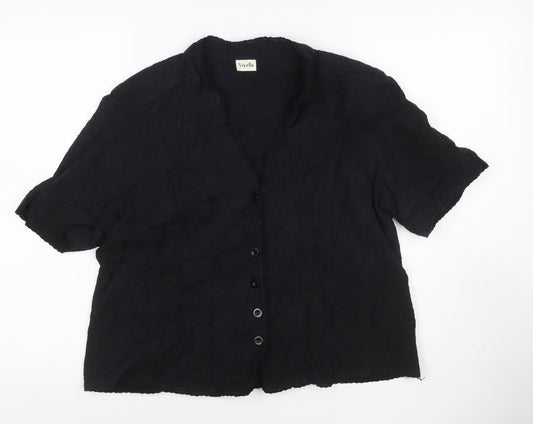 Viyella Women Black UK 16 V-Neck Short Sleeve Button-Up Cotton Blouse