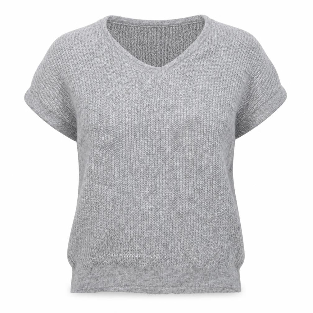 Blue Vanilla Women Grey S/M V-Neck Short Sleeve Knit Jumper