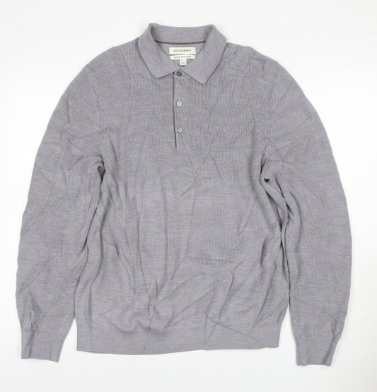 Autograph Men Grey L Merino Wool Blend Collared Henley Jumper