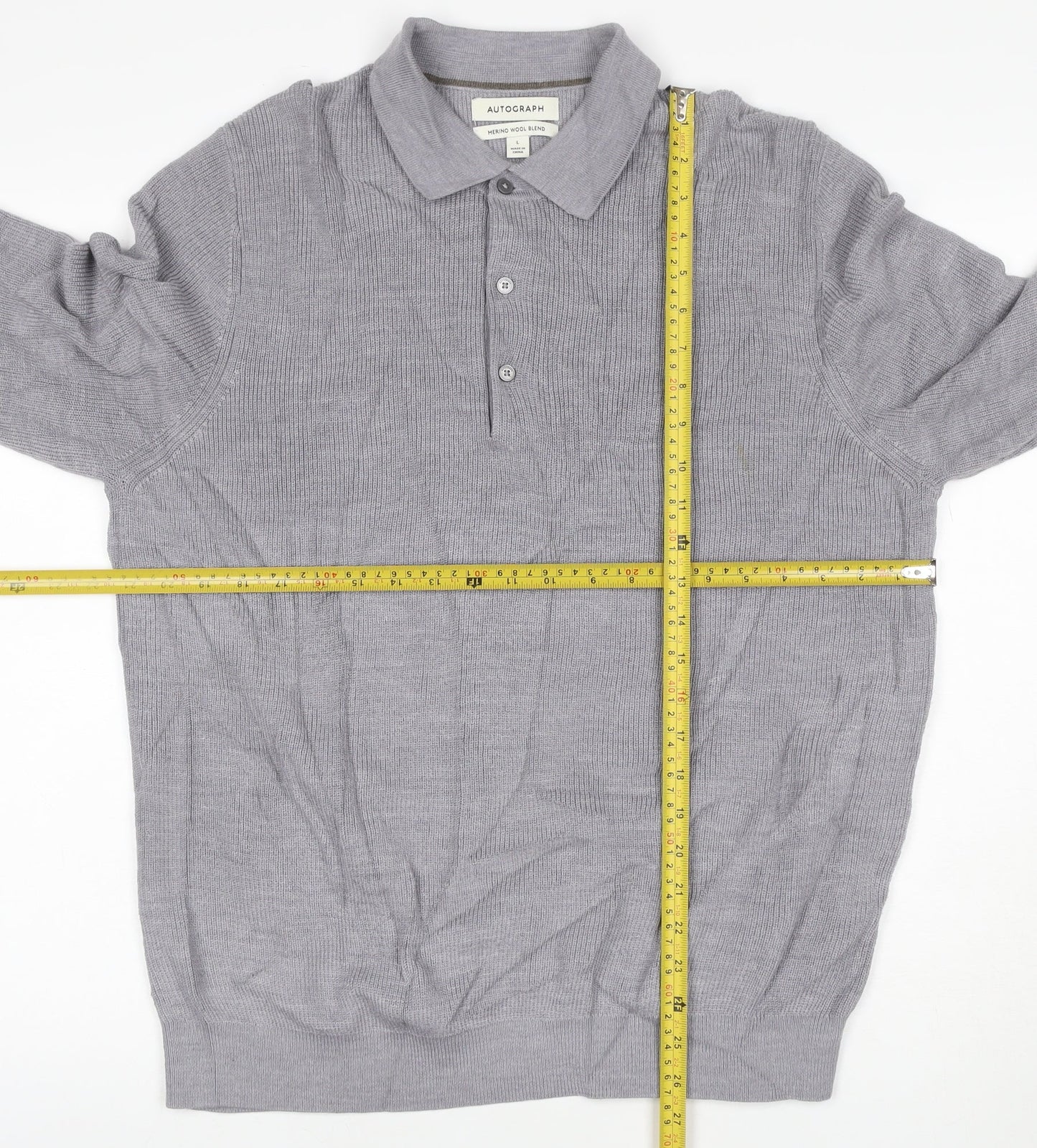 Autograph Men Grey L Merino Wool Blend Collared Henley Jumper