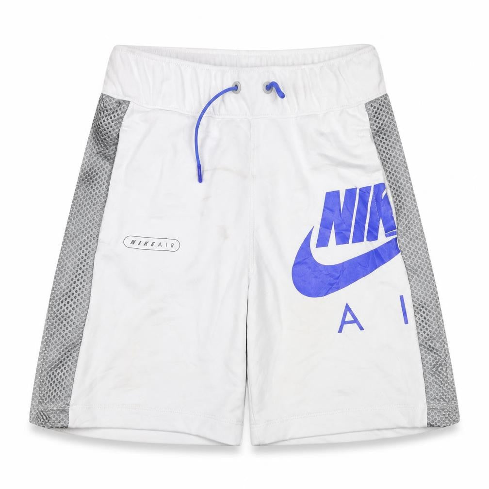 Front view of Nike boys’ white grey blue air athletic shorts l 147-158cm mesh drawstring