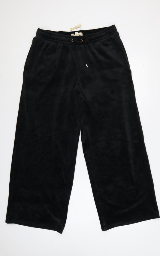 M&S Women Black UK 12 Flexifit Wide-Leg Velvet Drawstring Trousers