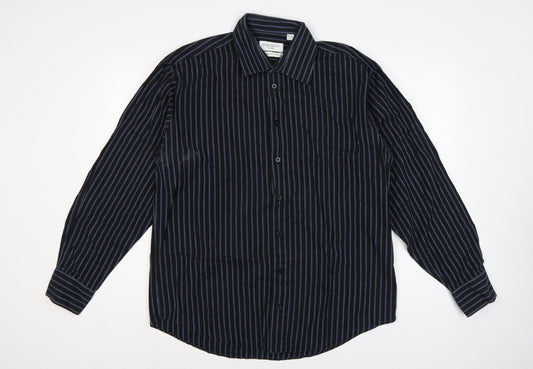Yves Saint Laurent Men Black Blue Striped Cotton Long Sleeve Shirt L