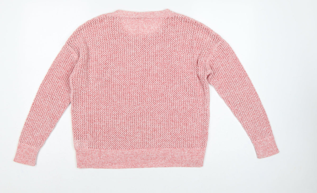 Gap Women Pink L Open Knit Crew Neck Long Sleeve Pullover Jumper