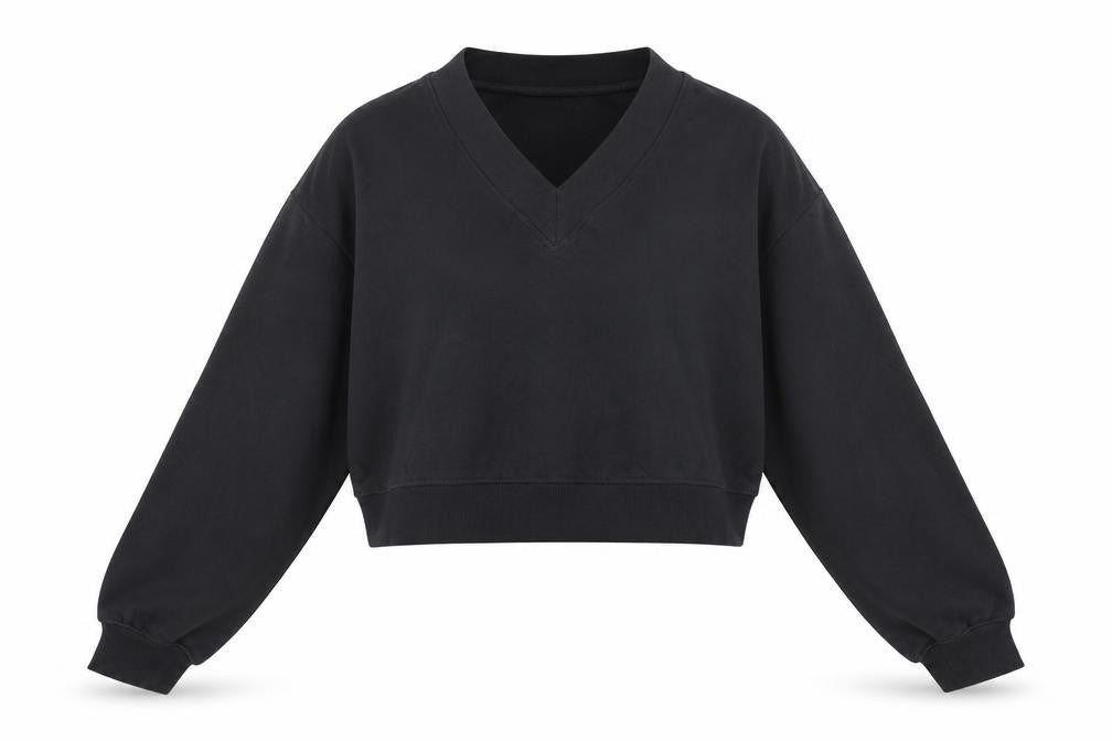 H&M Divided Women Black XS Cropped V-Neck Balloon Sleeve Sweatshirt