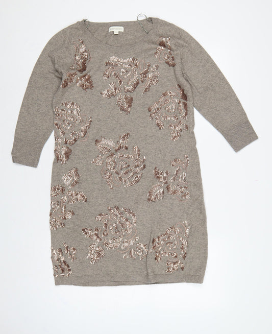 Monsoon Women Grey M Jumper Dress Floral Beaded Knit Long Sleeve