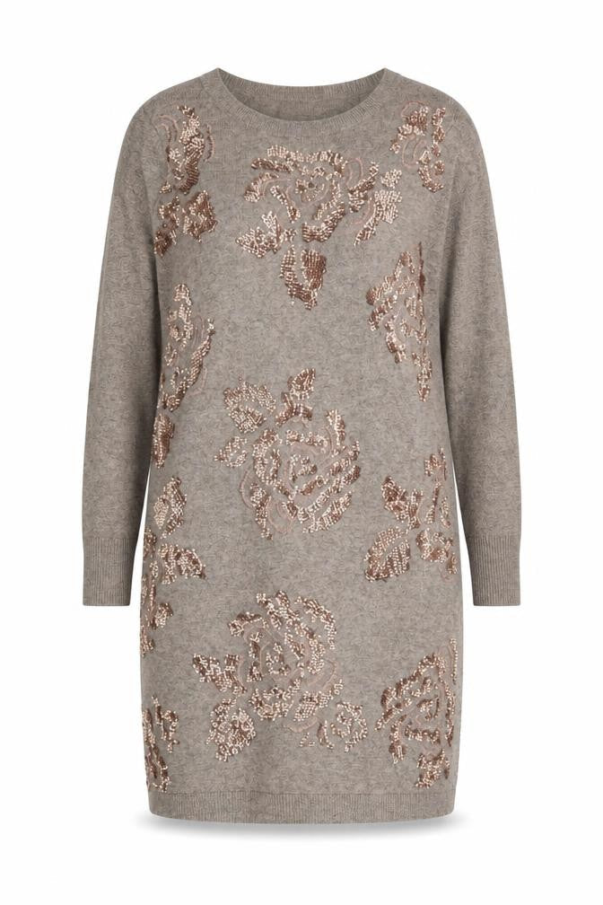 Monsoon Women Grey M Jumper Dress Floral Beaded Knit Long Sleeve