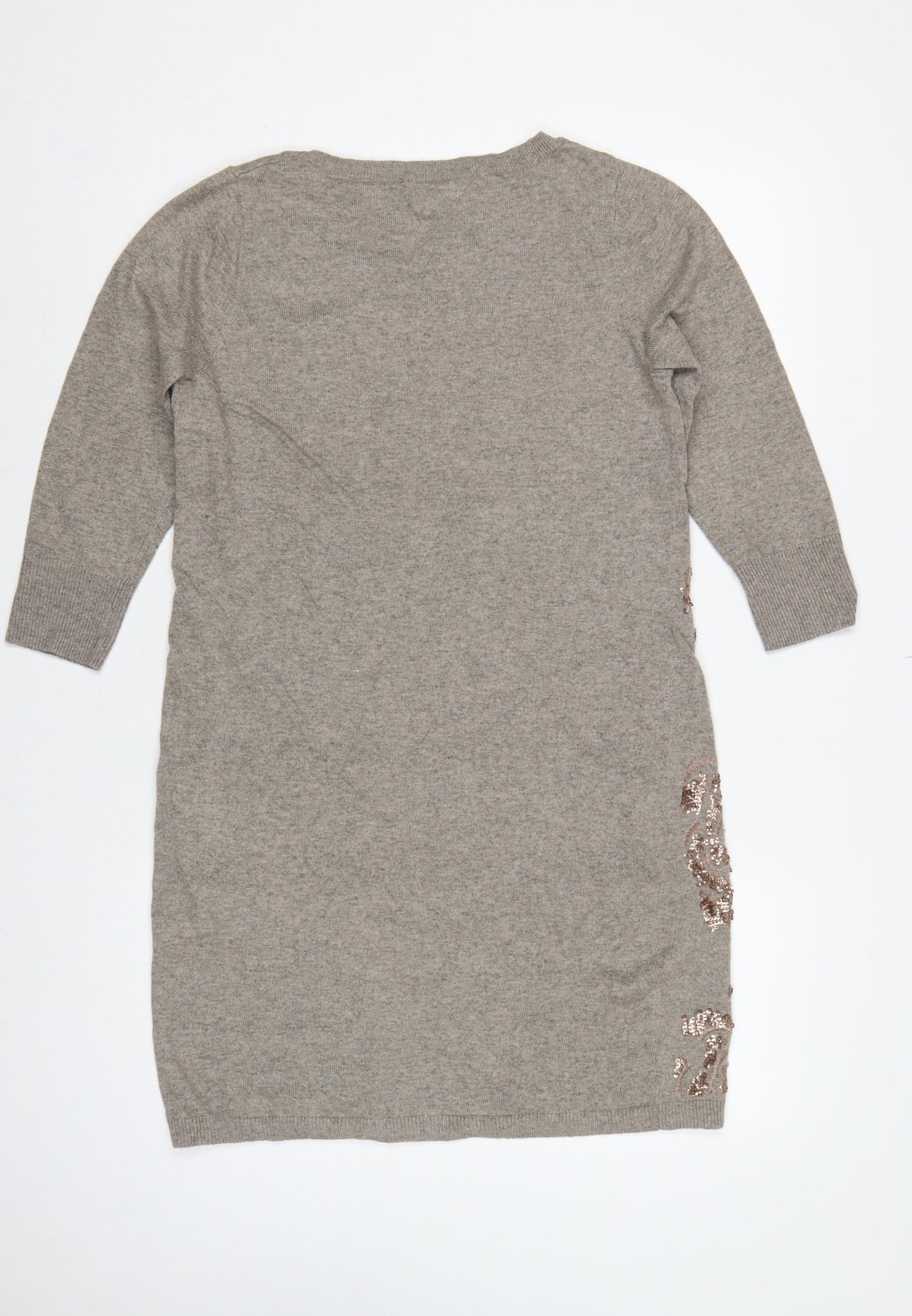 Monsoon Women Grey M Jumper Dress Floral Beaded Knit Long Sleeve