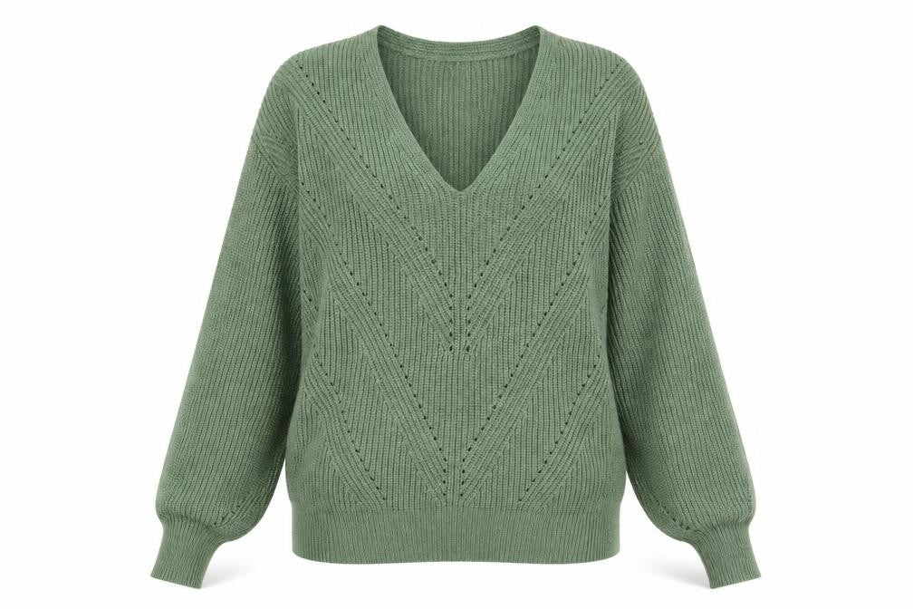Next Women Green XS V-Neck Balloon Sleeve Knitted Pullover Jumper