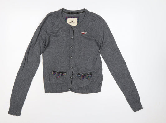 Hollister Women Grey M Button Cardigan Bow Logo Cotton Knit